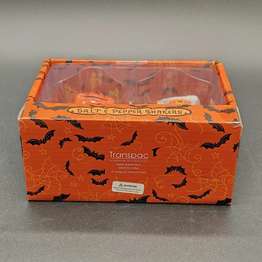 Johanna Parker Halloween Pumpkin Owl Salt & Pepper Shakers Ceramic Set NEW